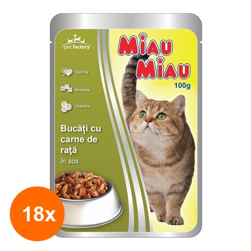 Set Hrana Umeda Pisici Miau Miau cu Rata in Sos, 18 Plicuri x 100 g