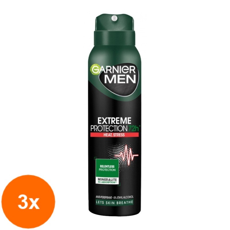 Set Deodorant Spray Garnier Men Extreme Protection 72h, pentru Barbati, 3 Bucati x 150 ml