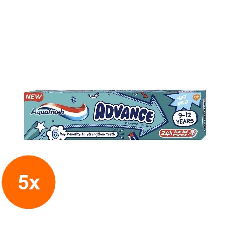 Set Pasta de Dinti Aquafresh Copii Advance 9-12 Ani, 5 Bucati x 75 ml