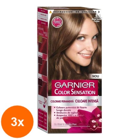 Set 3 x Vopsea de Par Permanenta cu Amoniac Garnier Color Sensation 6.0 Blond Inchis Pretios, 110 ml...