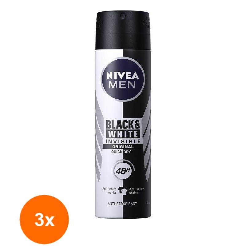 Set Deodorant Spray Men Invisible Black & White Power Nivea Deo 3 Bucati x 150ml