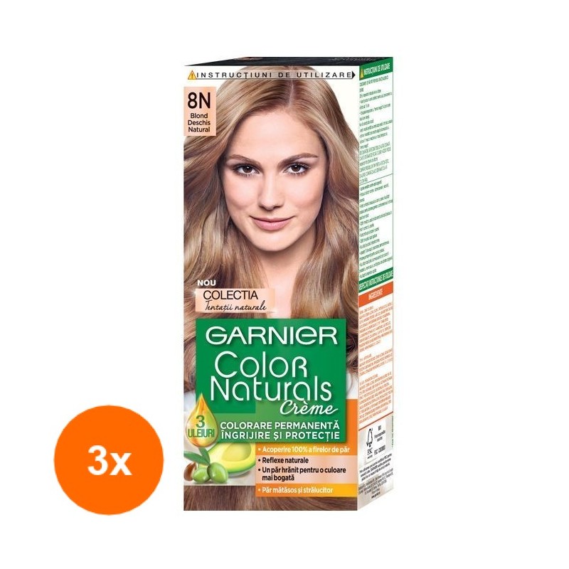 Set 3 x Vopsea de Par Permanenta cu Amoniac Garnier Color Naturals 8N Blond Deschis Natural, 110 ml