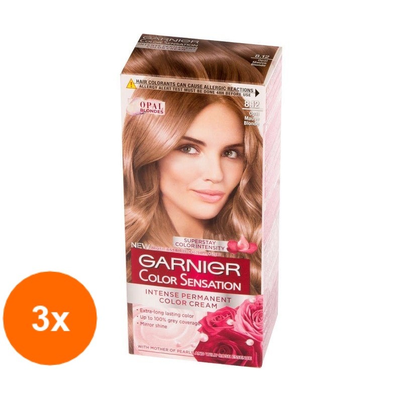 Set 3 x Vopsea de Par Permanenta cu Amoniac Garnier Color Sensation 8.12 Blond Deschis Cenusiu Irizat, 112 ml