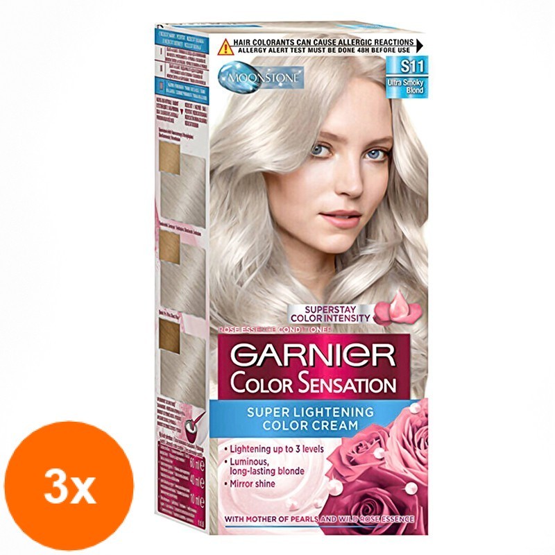 Set Vopsea de Par Permanenta cu Amoniac Garnier Color Sensation S11 Ultra Smoky Blond, 3 Cutii x 110 ml