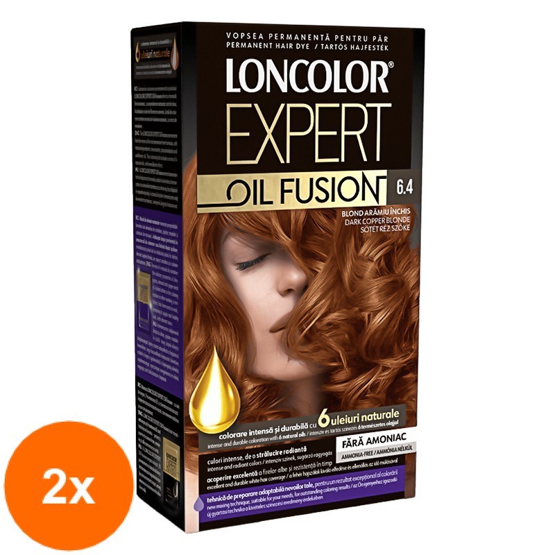Set 2 x Vopsea de Par Permanenta fara Amoniac Loncolor Expert Oil Fusion 6.4 Blond Aramiu Inchis, 100 ml