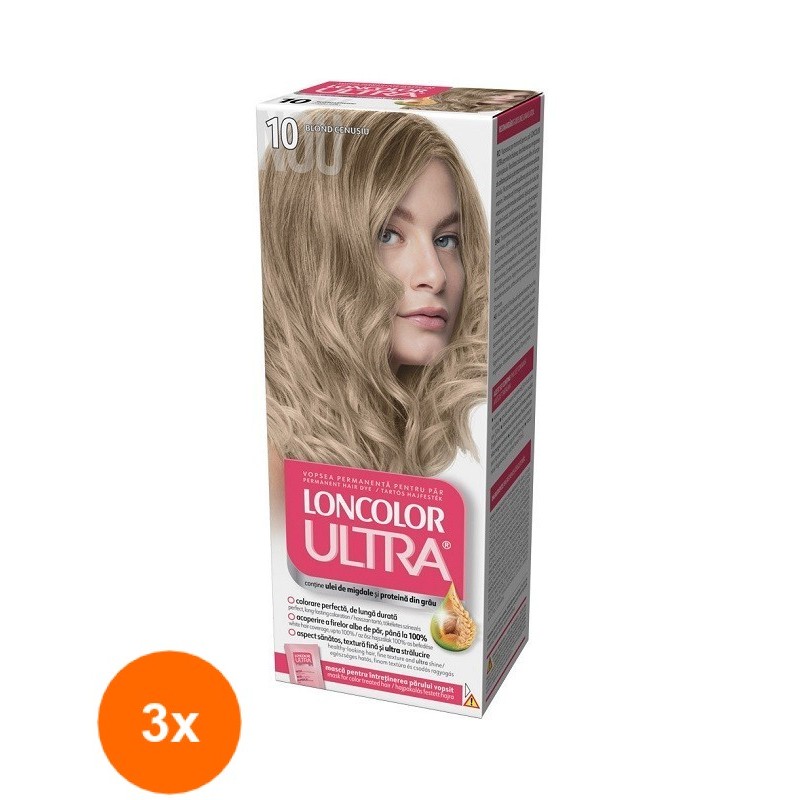 Set 3 x Vopsea de Par Permanenta Loncolor Ultra 10 Blond Cenusiu, 100 ml