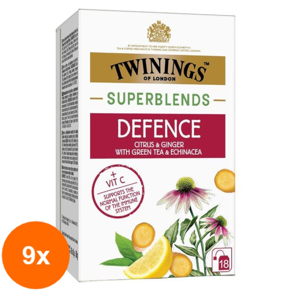 Set 9 X Ceai Twinings Superblends Defence cu Lamaie si Ghimbir, 18 x 2 g