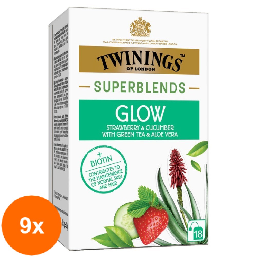 Set 9 X Ceai Twinings Superblends Glow cu Capsune si Castravete, 18 x 2 g