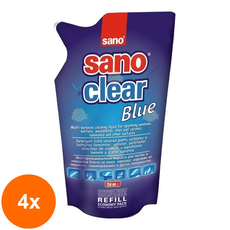 Set 4 x Rezerva Detergent pentru Curatat Geamuri Sano Clear Blue 750 ml