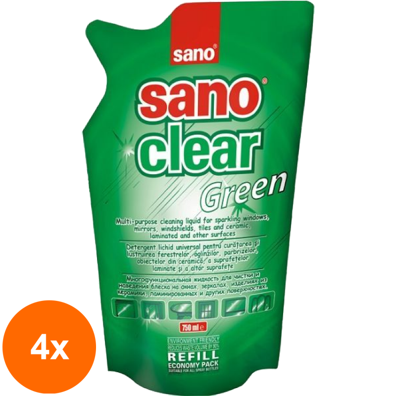 Set 4 x Rezerva Solutie pentru Curatat Geamuri Sano Clear Green Refill 750 ml