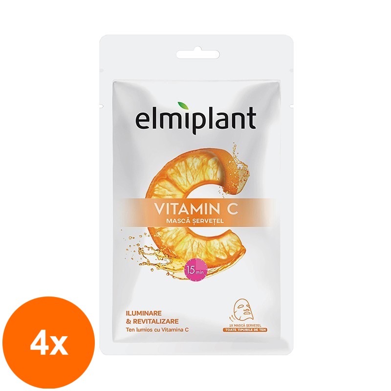 Set 4 x Masca Servetel Elmiplant Vitamin C, pentru Iluminare si Revitalizare, 20 ml
