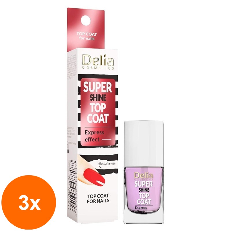 Set 3 x Lac de Unghii Delia Cosmetics Super Shine Top Coat, 11 ml