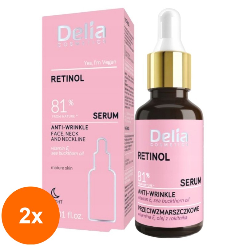 Set 2 x Ser Anti-Rid pentru Fata si Decolteu Delia Cosmetics, cu Retinol, 30 ml