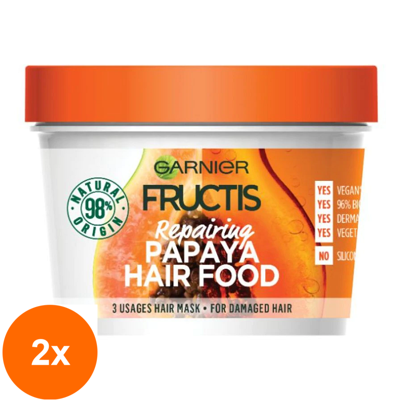 Set 2 x Masca pentru Par Garnier Fructis Hair Food Papaya, pentru Parul Deteriorat, 390 ml