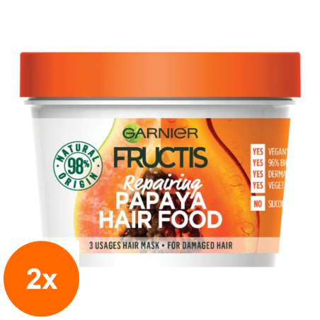 Set 2 x Masca pentru Par Garnier Fructis Hair Food Papaya, pentru Parul Deteriorat, 390 ml...