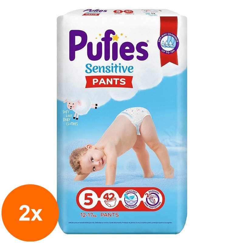 Set 2 x 42 Scutece-chilotel Pufies Pants Sensitive Junior, Marimea 5, 12-17 kg