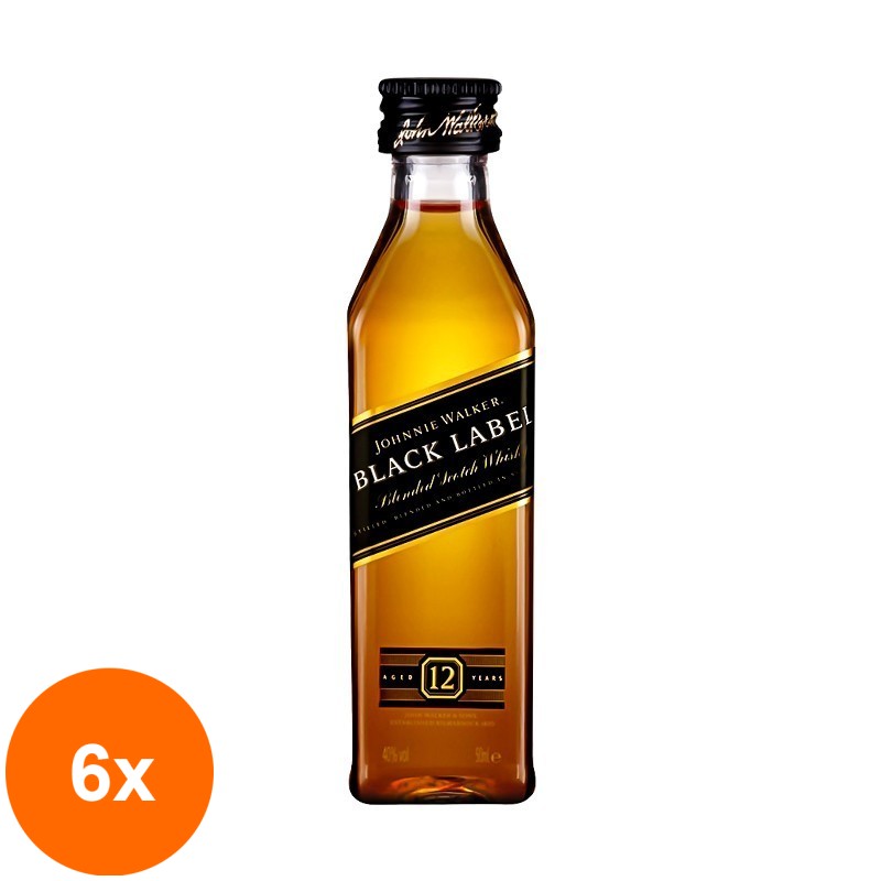 Set 6 x Whisky Johnnie Walker Black 12 Ani, 40% Alcool, 0.05 l