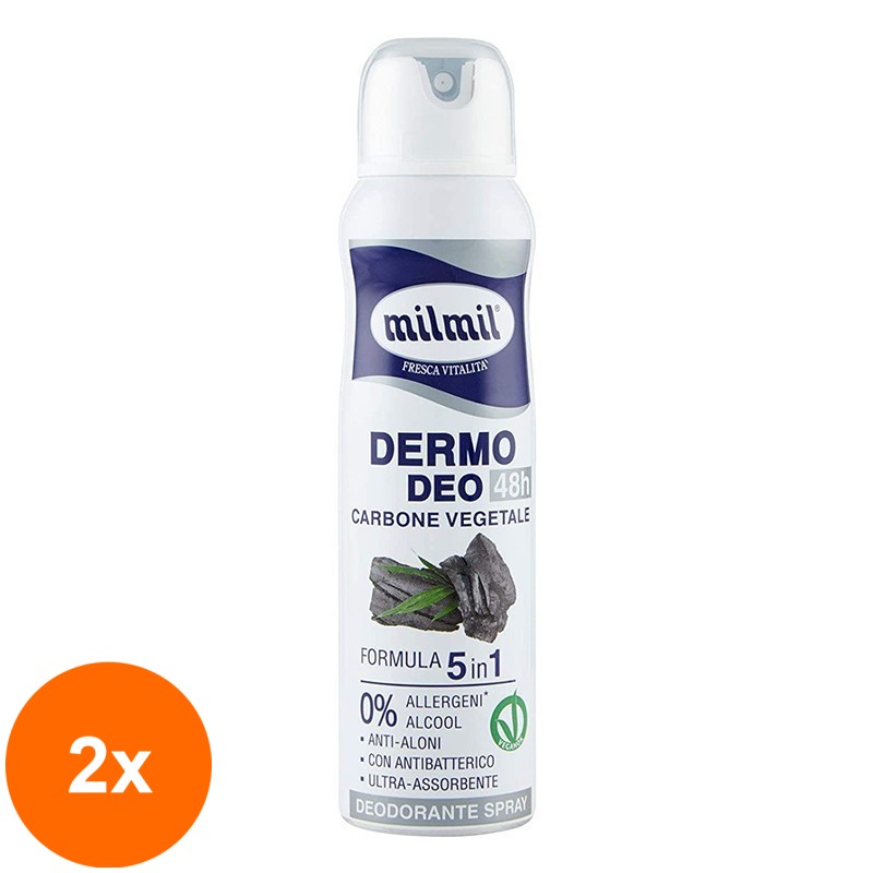 Set 2 x Deodorant Spray cu Carbune Vegetal Mil Mil, Unisex, 150 ml