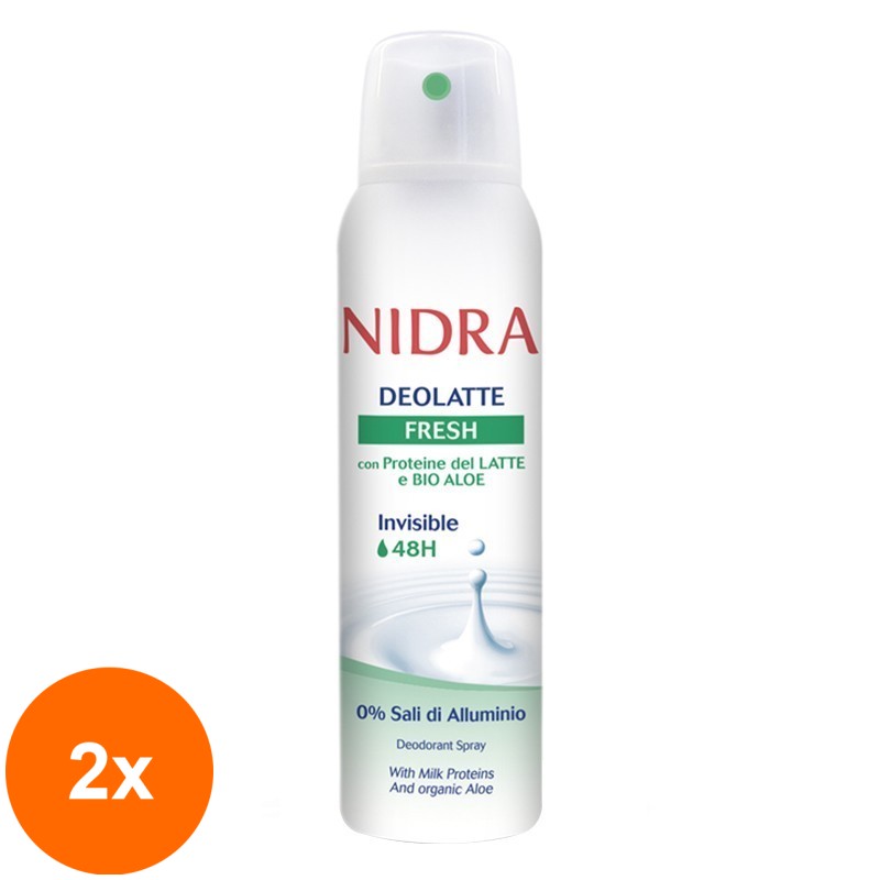 Set 2 x Deodorant Spray Nidra Deolatte Fresh, cu Proteine din Lapte si Aloe Bio, 150 ml