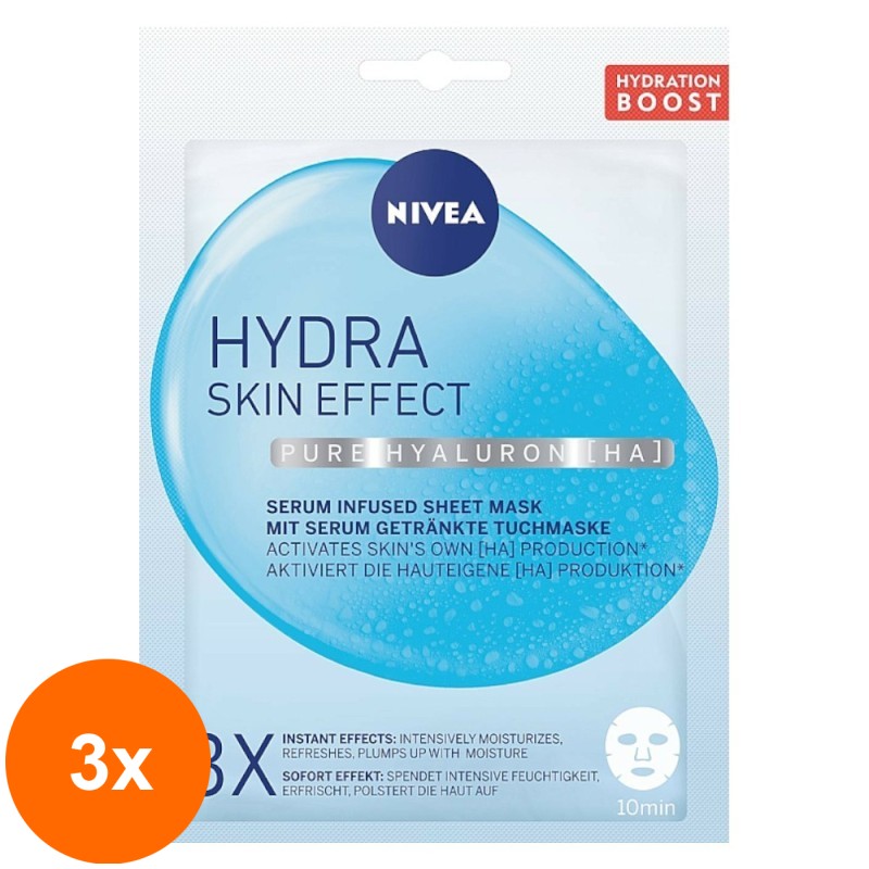 Set 3 x Masca Servetel Nivea Hydra Skin Effect, Infuzata cu Acid Hialuronic