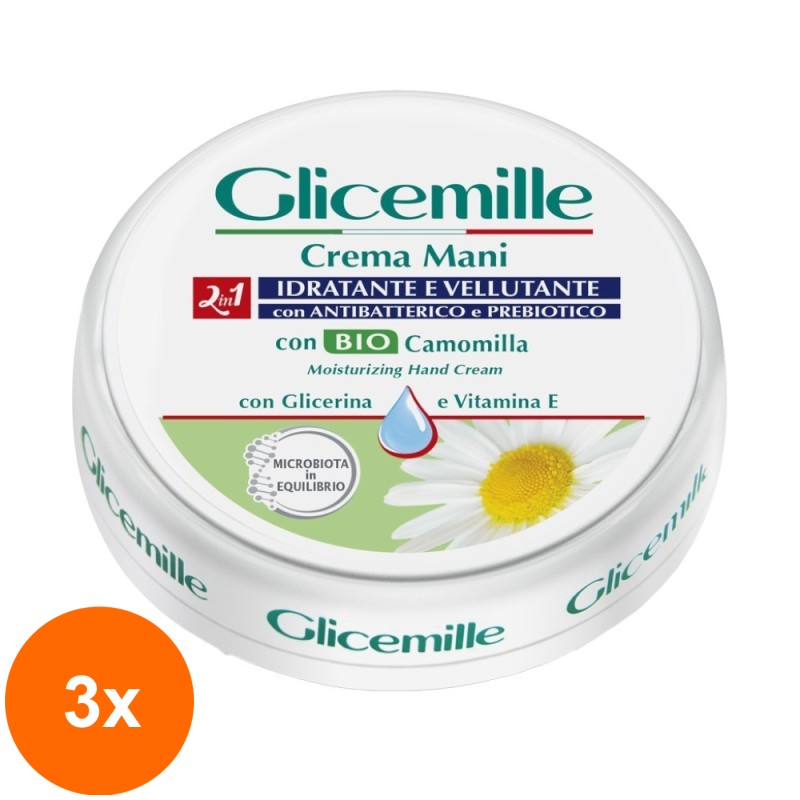 Set 3 x Crema de Maini Igienizanta si Hidratanta Glicemille cu Glicerina, Musetel si Vitamina E, 100 ml