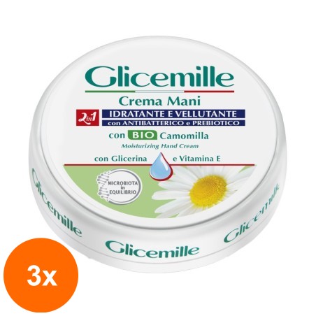 Set 3 x Crema de Maini Igienizanta si Hidratanta Glicemille cu Glicerina, Musetel si Vitamina E, 100 ml...