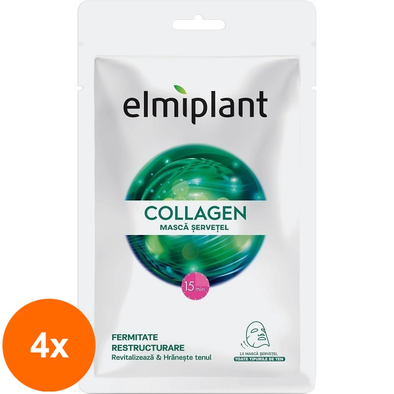 Set 4 x Masca Servetel Elmiplant Collagen, pentru Toate Tipurile de Ten, 20 ml
