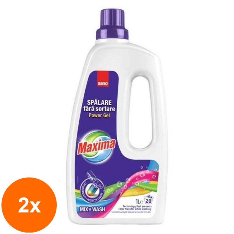 Set 2 x Detergent de Rufe Lichid Sano Maxima Power Gel Mix & Wash, Protejeaza Culorile, 20 Spalari, 1 l