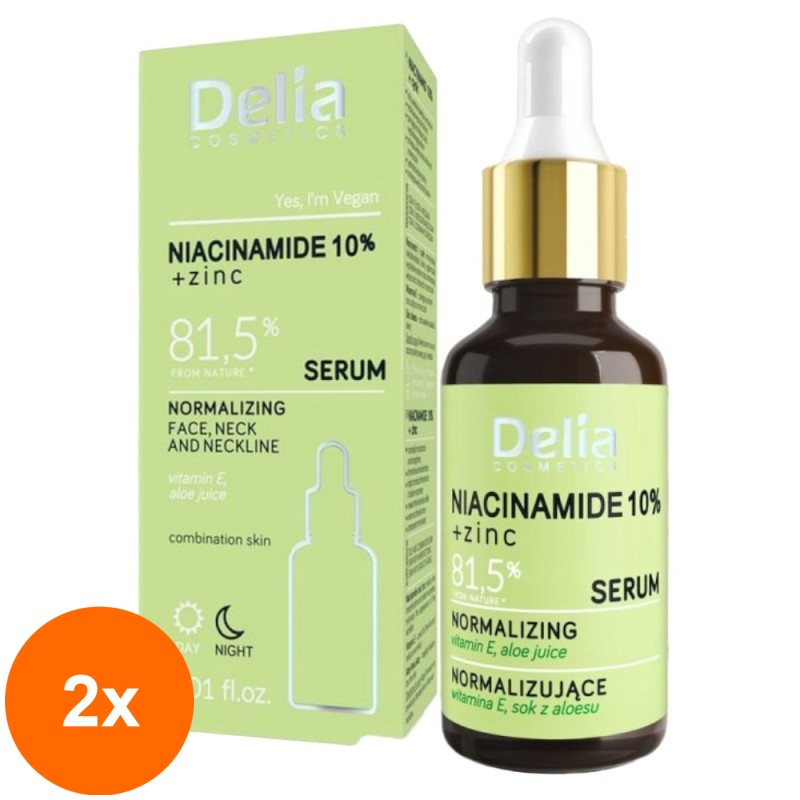 Set 2 x Ser Normalizator pentru Fata si Decolteu Delia Cosmetics, cu Niacinamide si Zinc, 30 ml