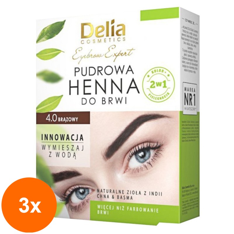 Set 3 x Vopsea pentru Sprancene Pudra Delia Eyebrow Expert Henna, 4.0 Maro, 4 g