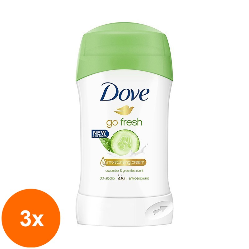 Set 3 x Deodorant Antiperspirant Stick Dove Go Fresh, Cucumber & Green Tea, pentru Femei, 40 ml