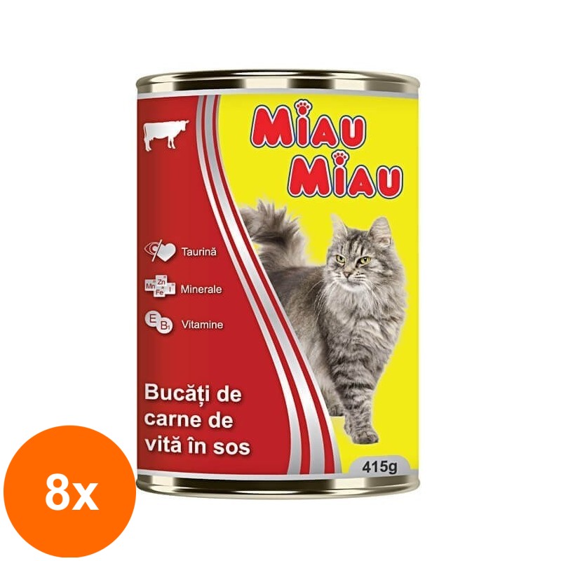 Set 8 x Hrana Umeda Pisici Adulte Miau Miau cu Carne de Vita, Conserva, 415 g