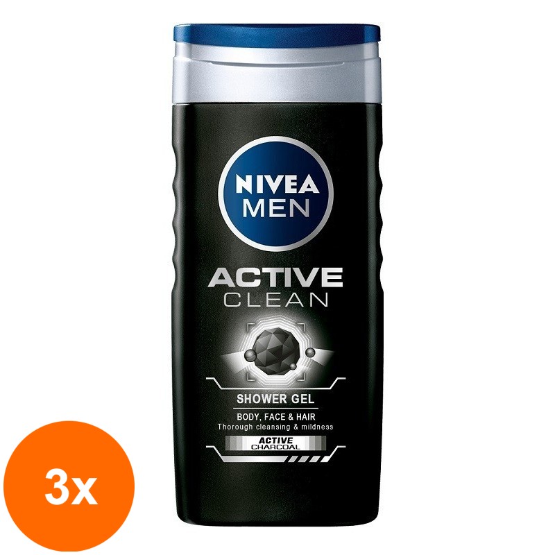 Set 3 x Gel de Dus Nivea Men Active Clean, cu Carbune Activ, 250 ml