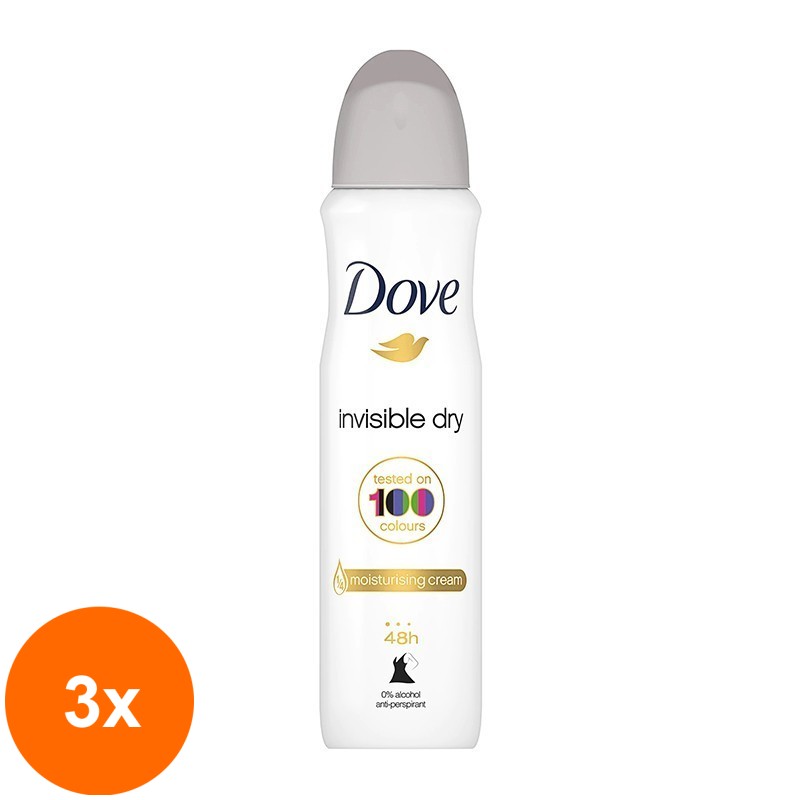 Set 3 x Deodorant Antiperspirant Spray Dove Invisible Dry, pentru Femei, 150 ml