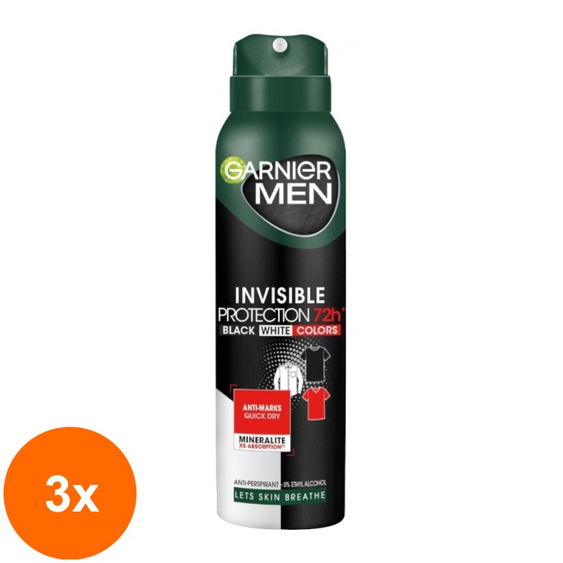 Set 3 x Deodorant Spray Garnier Men Invisible Black White Colors 72h, pentru Barbati, 150 ml