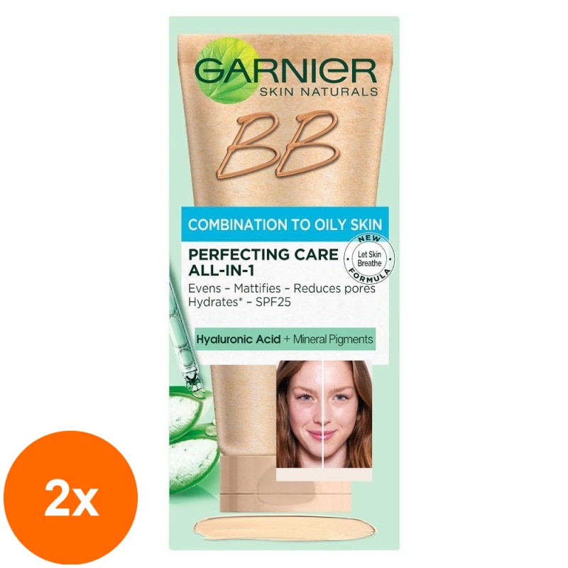 Set 2 x Crema Coloranta de Zi Garnier Skin Naturals BB Cream, pentru Ten Mixt si Gras, Nuanta Deschisa, 50 ml