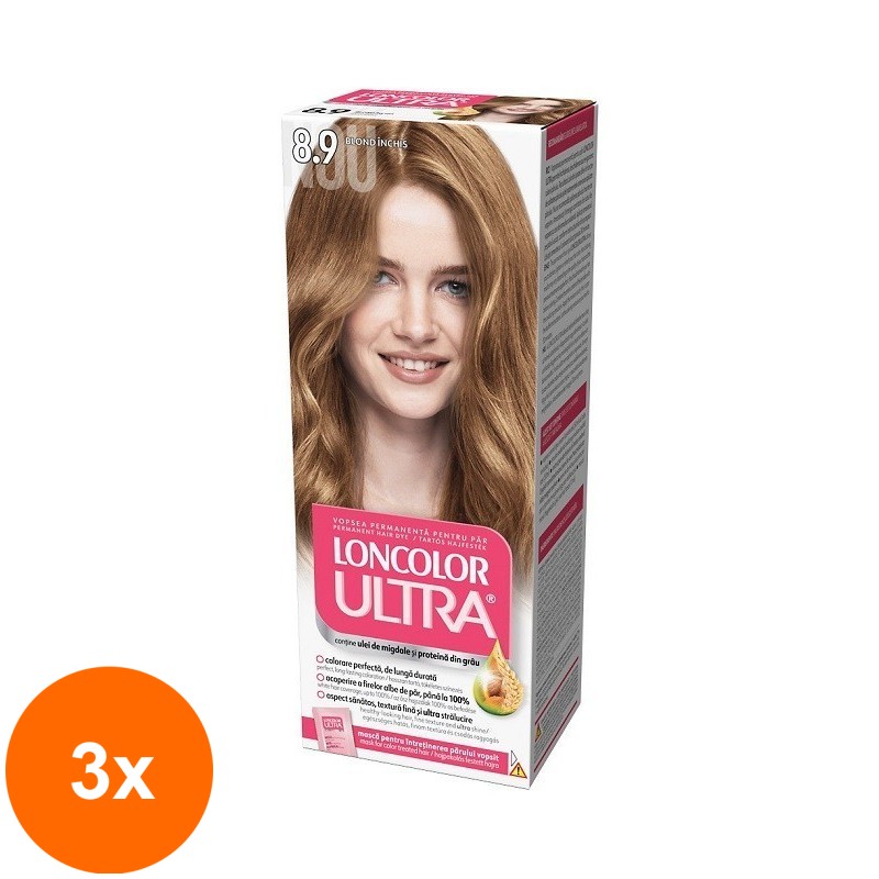 Set 3 x Vopsea de Par Permanenta Loncolor Ultra 8.9 Blond Inchis, 100 ml
