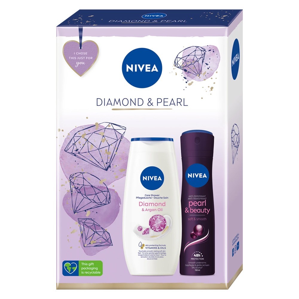 Set 2 x Caseta Cadou Nivea Diamond Gel de Dus, 250 ml si Deodorant Spray Pearl&Beauty, 150 ml