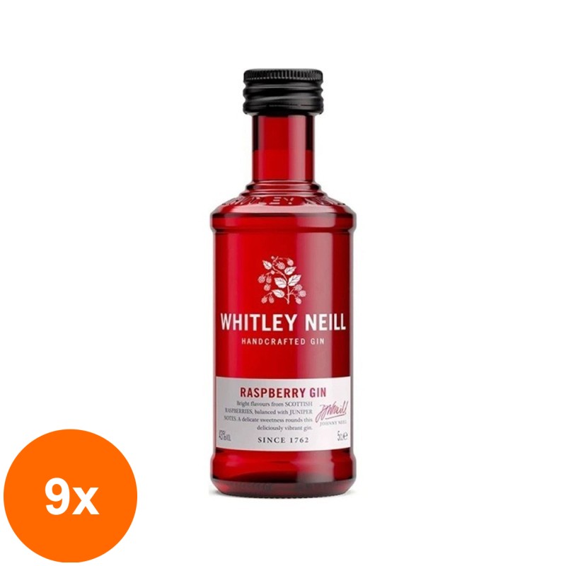 Set 9 x Gin Whitley Neill, Zmeura, Raspberry Gin, 43% Alcool, Miniatura, 0.05 l