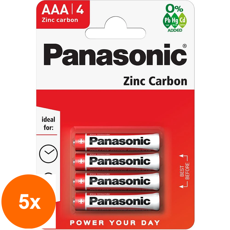 Set 5 x Baterii Panasonic Red Zinc Carbon, R03RZ/4BP, Blister 4 Bucati