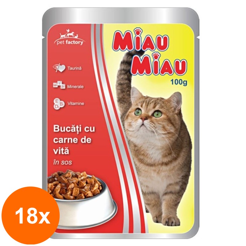 Set 18 x Hrana Umeda pentru Pisici Miau-Miau, Vita in Sos, Plic, 100 g