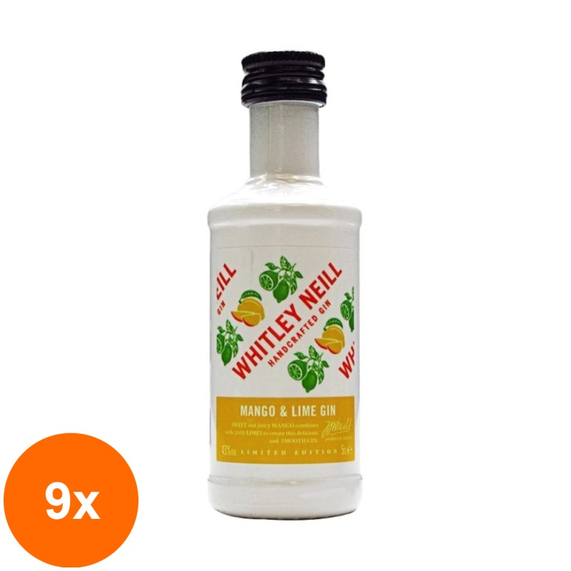 Set 9 x Gin cu Mango si Lime, Whitley Neill 43% Alcool, Miniatura, 0.05 l