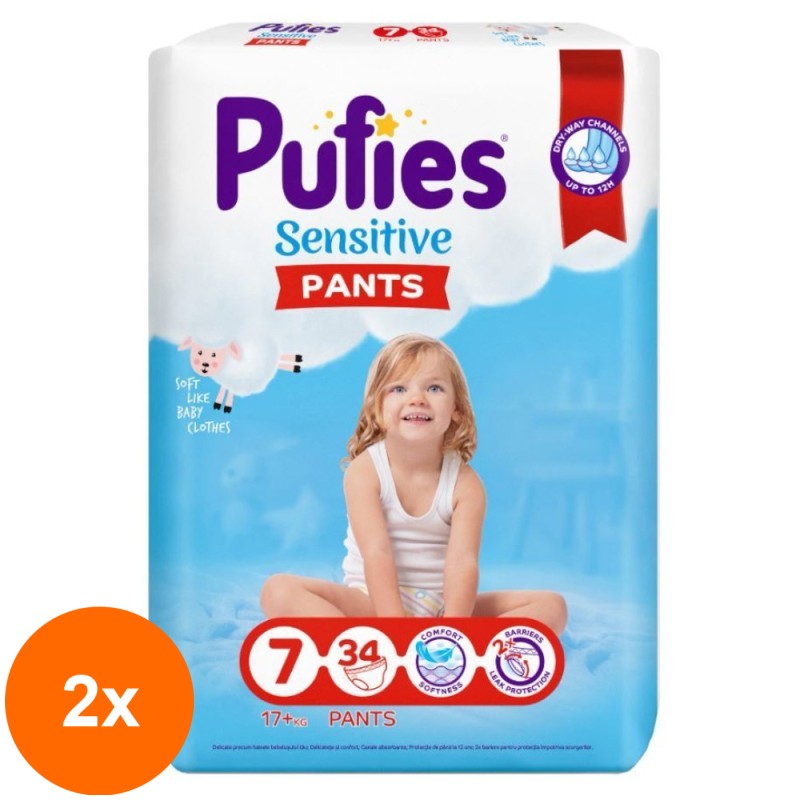 Set 2 x 34 Scutece Chilotel Pufies Sensitive Pants, 7 Extra Large, 17+ kg