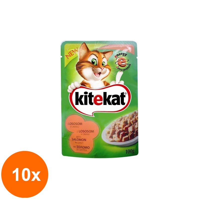 Set 10 x Hrana Umeda pentru Pisici cu Somon Kitekat, Plic 100 g