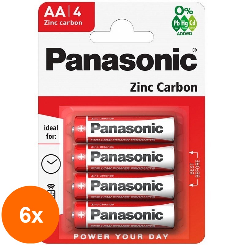 Set 6 x Baterii Panasonic Red Zinc Carbon, R6RZ/4BP, Blister 4 Bucati