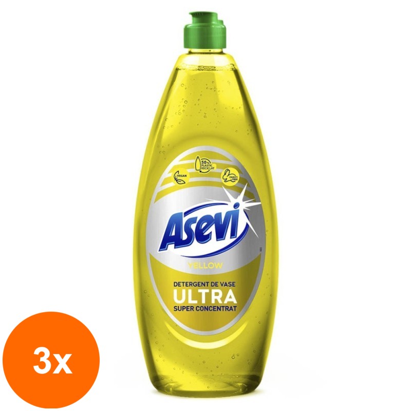 Set 3 x Detergent de Vase Asevi Yellow, Ultra Super Concentrat, 650 ml