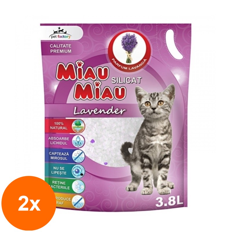 Set 2 x Asternut Igienic pentru Pisici Miau-Miau, Silicat Lavanda, 3.8 l