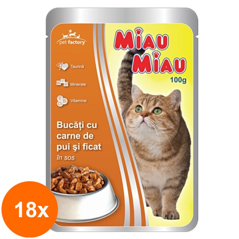Set 18 x Hrana Umeda pentru Pisici Miau Miau cu Pui si Ficat in Sos, Plic, 100 g