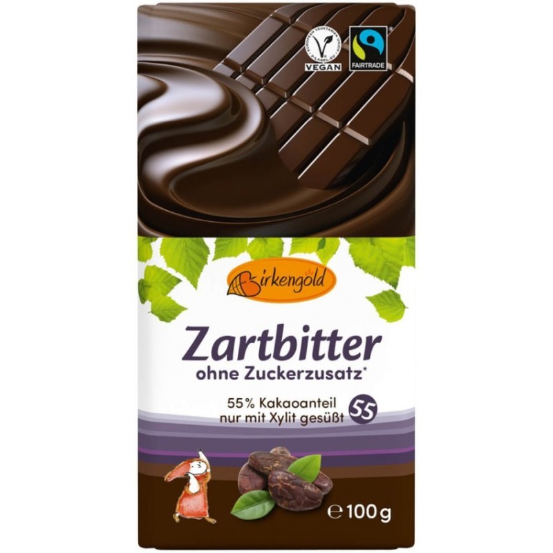 Ciocolata Neagra Indulcita doar cu Xylitol 55% Cacao, 100 g, Birkengold
