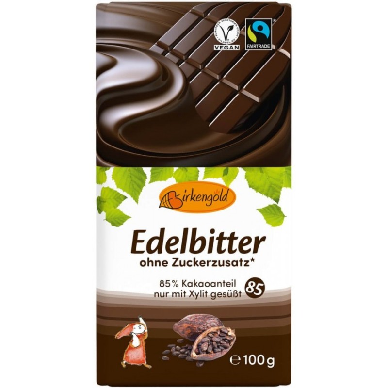 Ciocolata Neagra Indulcita doar cu Xylitol, 85% Cacao, Fairtrade